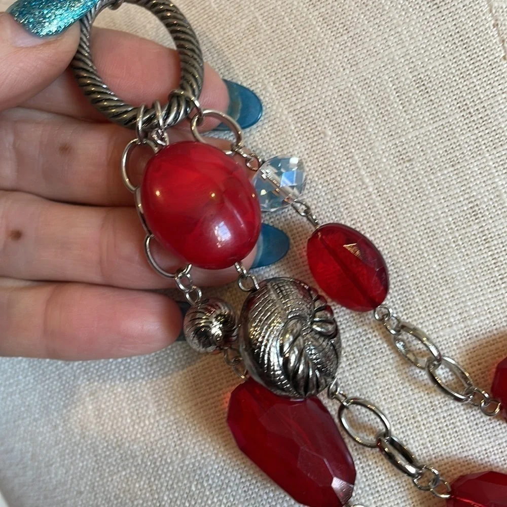 💐5/25 triple strand red silver tone necklace open oval textured links